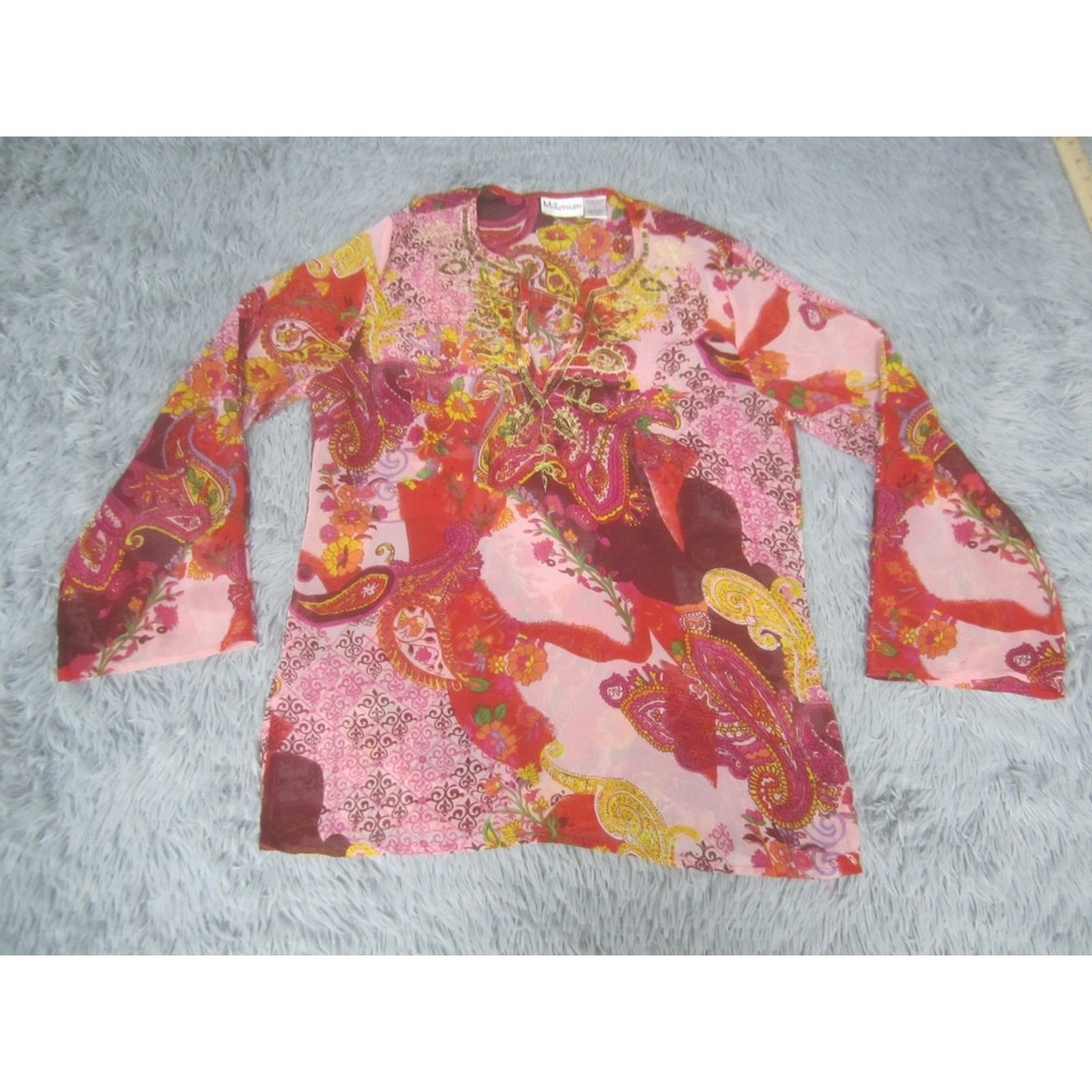 Millenium Shirt Womens Large Pink Long Sleeve Casual Blouse Floral Graphic Print